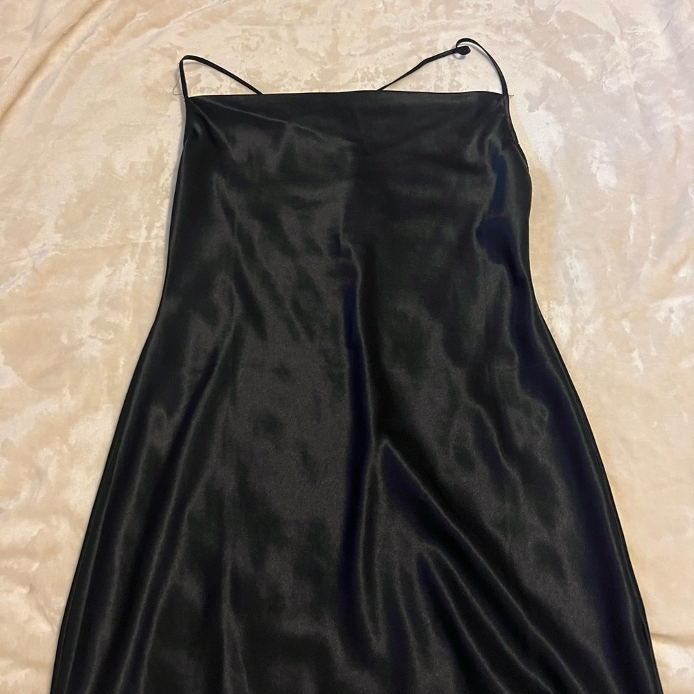 black cowl neck satin dress